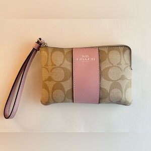Coach Signature Canvas Pink Leather Wristlet - Silver Logo